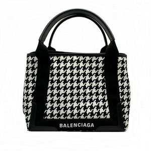 Balenciaga Tote Bag Navy Blue Cabas Leather Houndstooth Black White